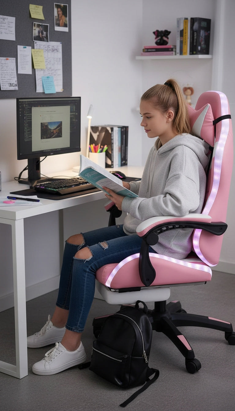 LED Chair PINK with Computer MASSAGE GAMING PLAYER ROTATING + FOOTREST! Furniture width 58 cm