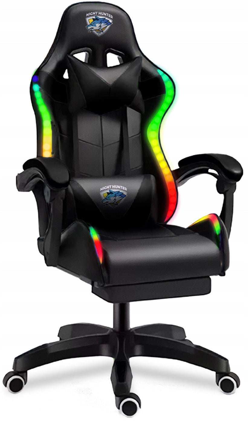 LED Chair with Back Massage GAMING Computer Rotating Player + FOOTREST! Furniture depth 45 cm