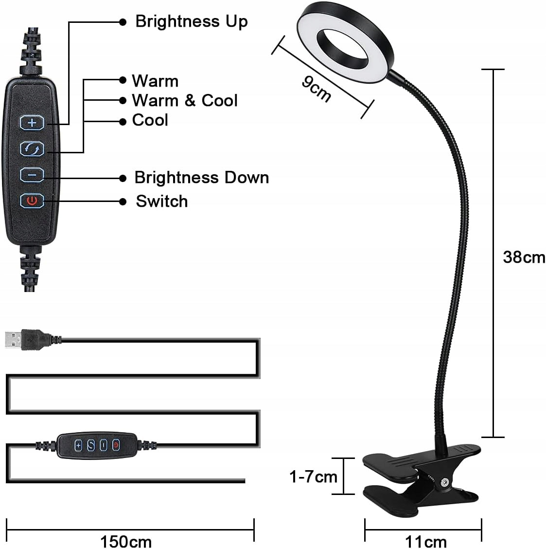 LED DESK LAMP WITH USB CLIP ADJUSTABLE 3 MODES 12 BRIGHTNESS LEVELS Packaging status original