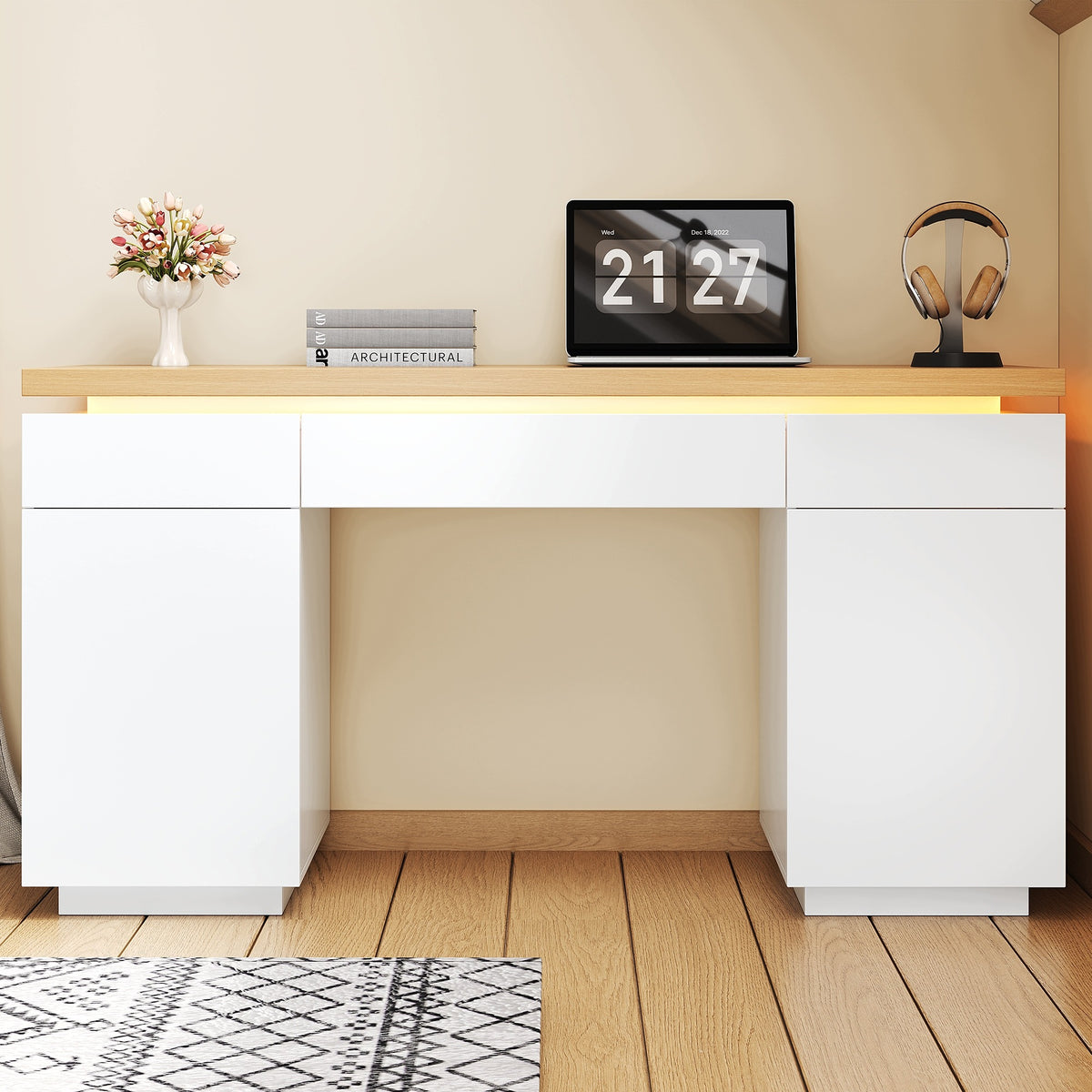 LED Desk 140x50 Drawers Cabinet Adjustable White Oak Packaging status original
