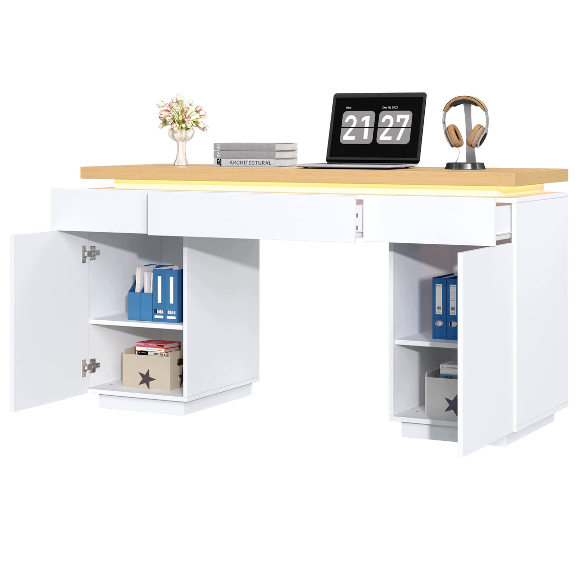 LED Desk 140x50 Drawers Cabinet Adjustable White Oak