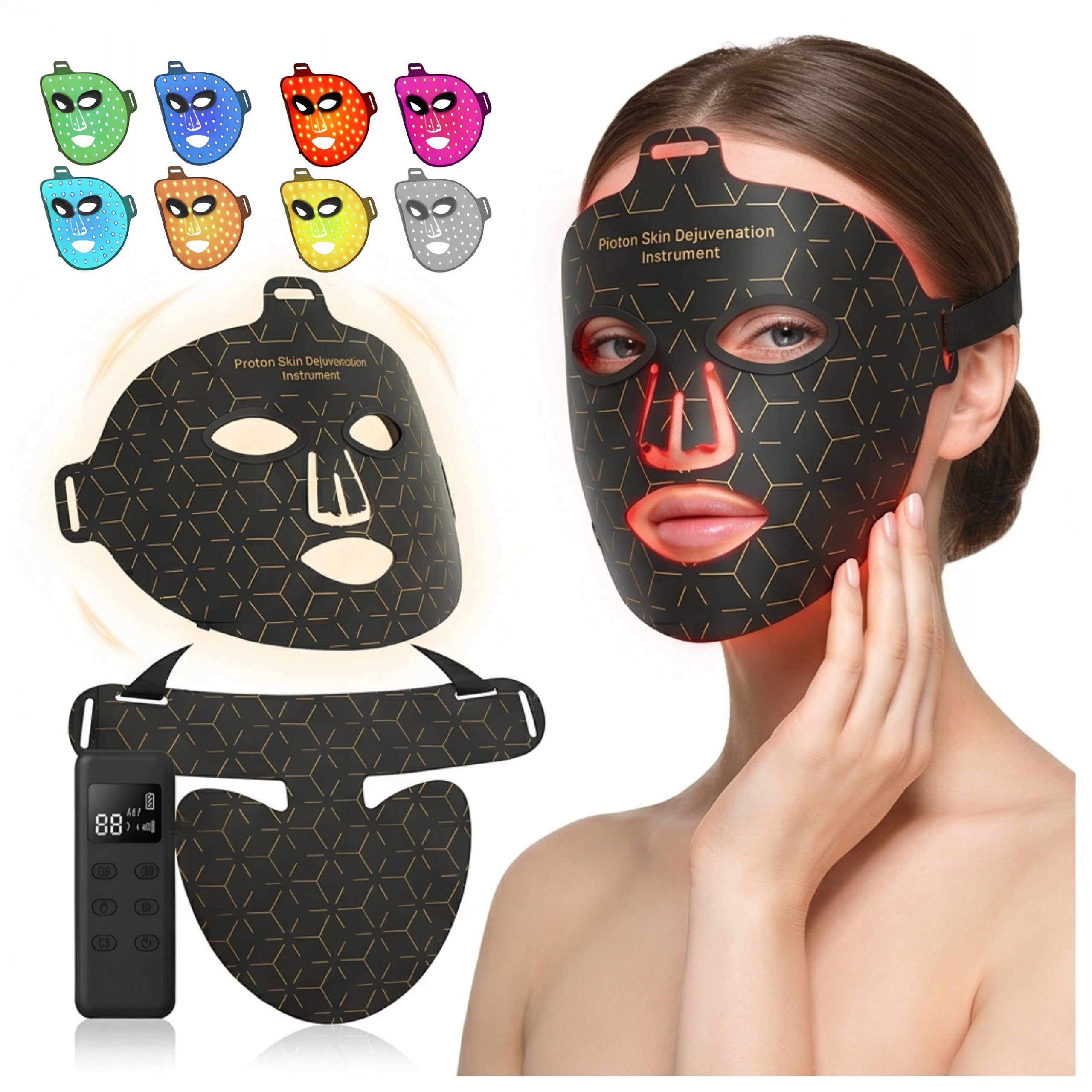 LED FACE MASK WITH COLLAR TO ELIMINATE DISCOLORATION AND ACNE
