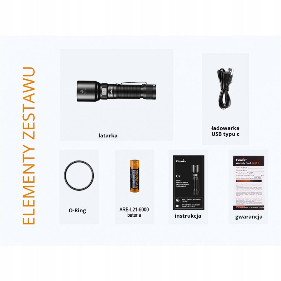 LED Flashlight Fenix C7 3000lm 470m USB-C + Rechargeable Battery + Accessories Manufacturer code 039-495