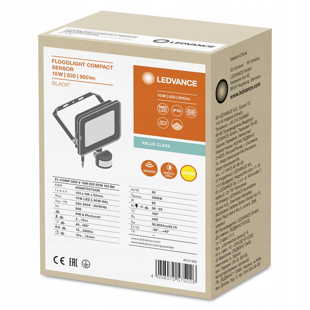 LED Floodlight 10W 900lm 3000K IP65 Motion and Twilight Sensor Floodlight Brand Ledvance