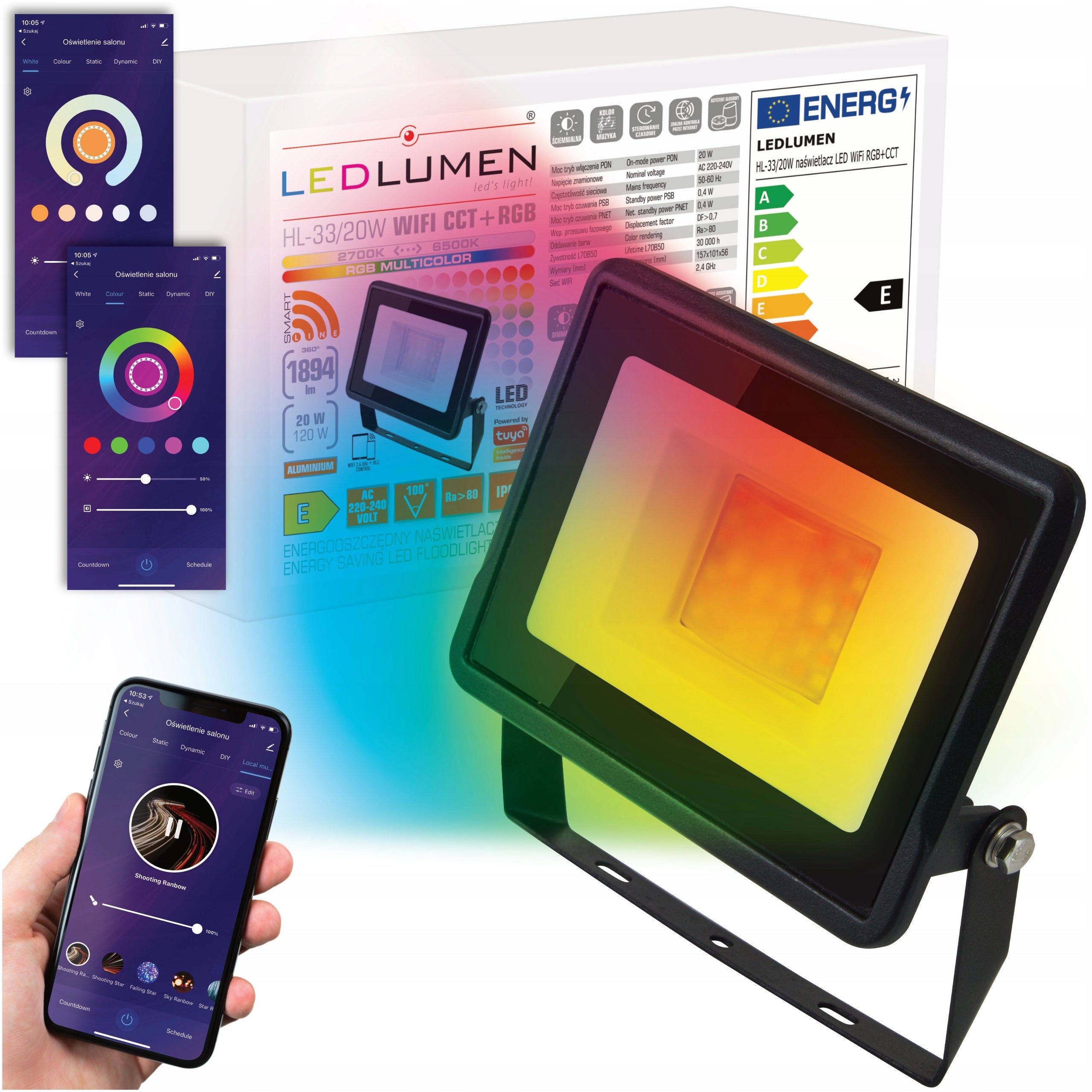 LED Floodlight 20W Halogen Lamp 1894lm=120W RGB CCT WIFI TUYA SMART LIFE