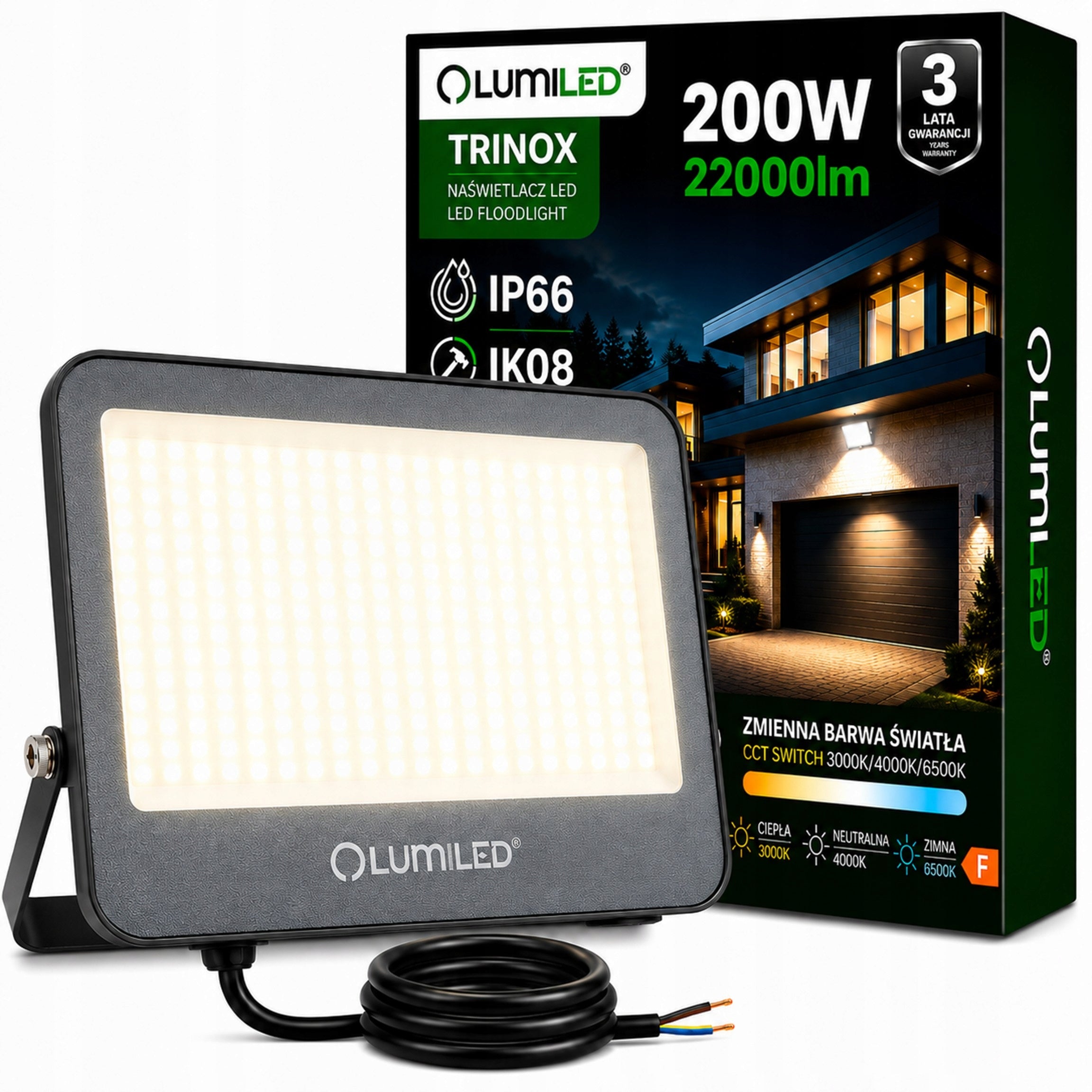 LED Floodlight Halogen 200W 22000LM CCT IP66 Outdoor Headlight Lamp