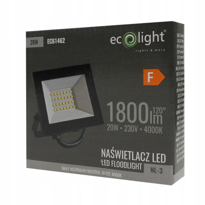LED Floodlight Hermetic Spotlight 20W White Neutral 4000K 1800lm IP65 Brand Ecolight