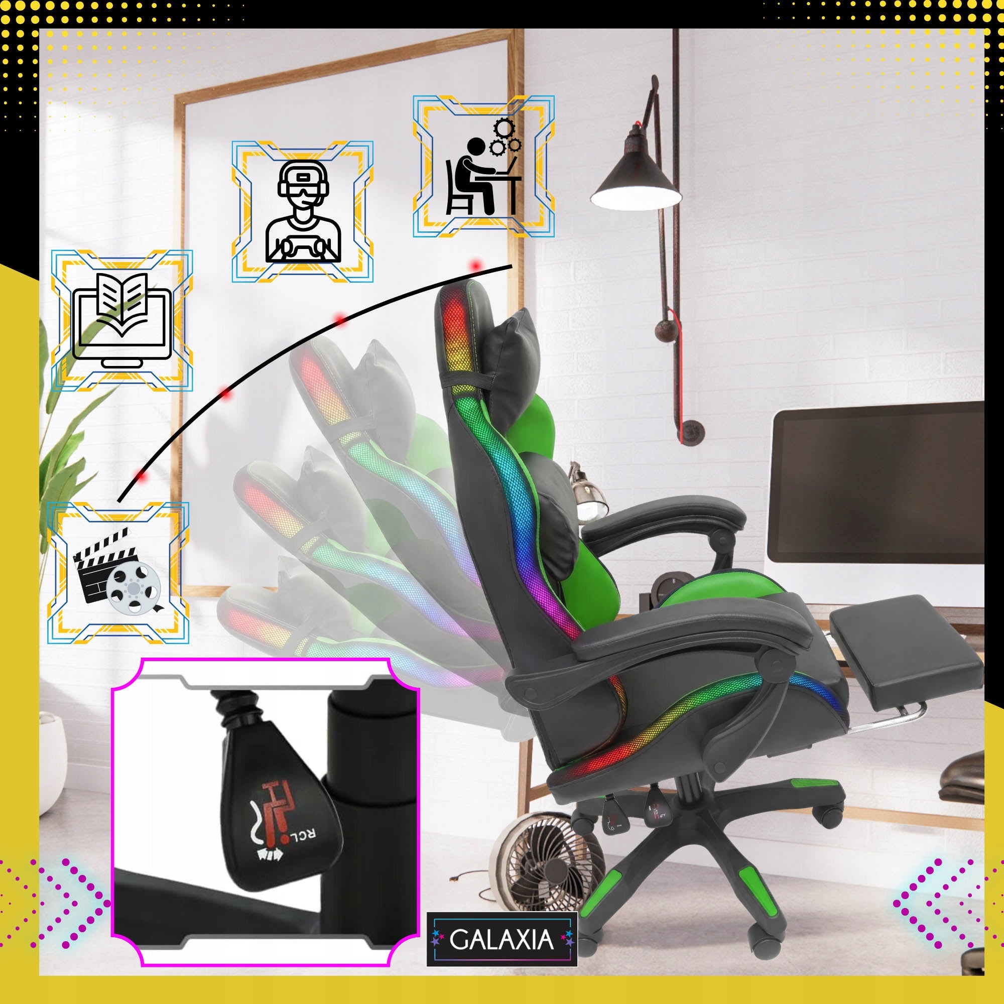 LED GAMING CHAIR WITH OFFICE MASSAGE Rotating Bucket Chair For Player Brand GALAXIA