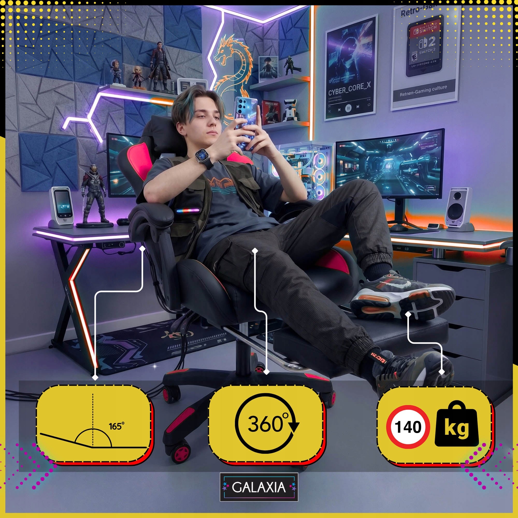 LED GAMING CHAIR WITH OFFICE MASSAGE Rotating Bucket Chair For Player Furniture depth 63 cm