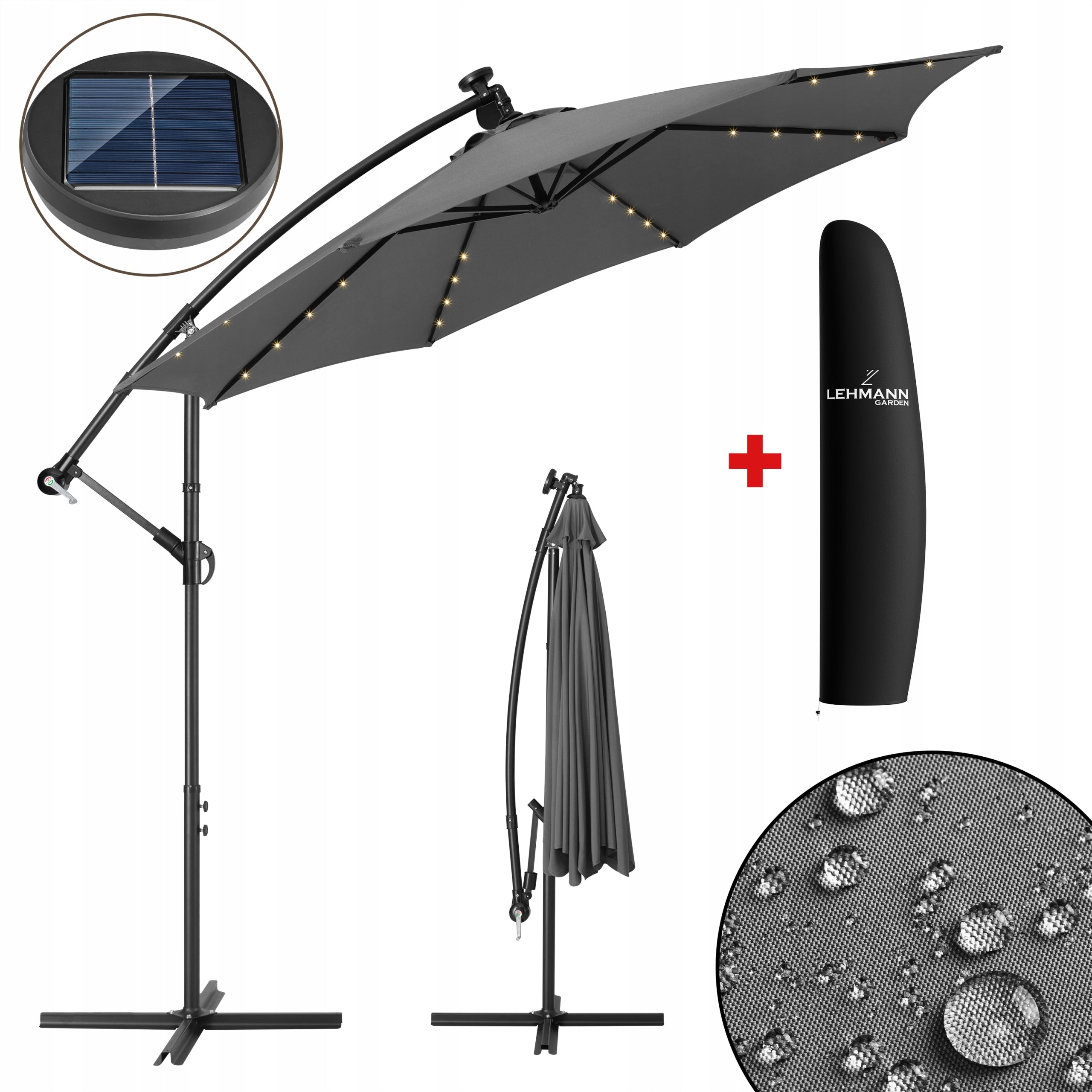 LED GARDEN UMBRELLA LARGE FOLDING SOLID WITH BOOM SOLAR LIGHTS Packaging status original