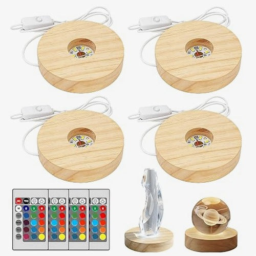 LED LAMP WOODEN BASE WITH REMOTE CONTROL VARIABLE COLOR FOR CRYSTALS 4 PCS