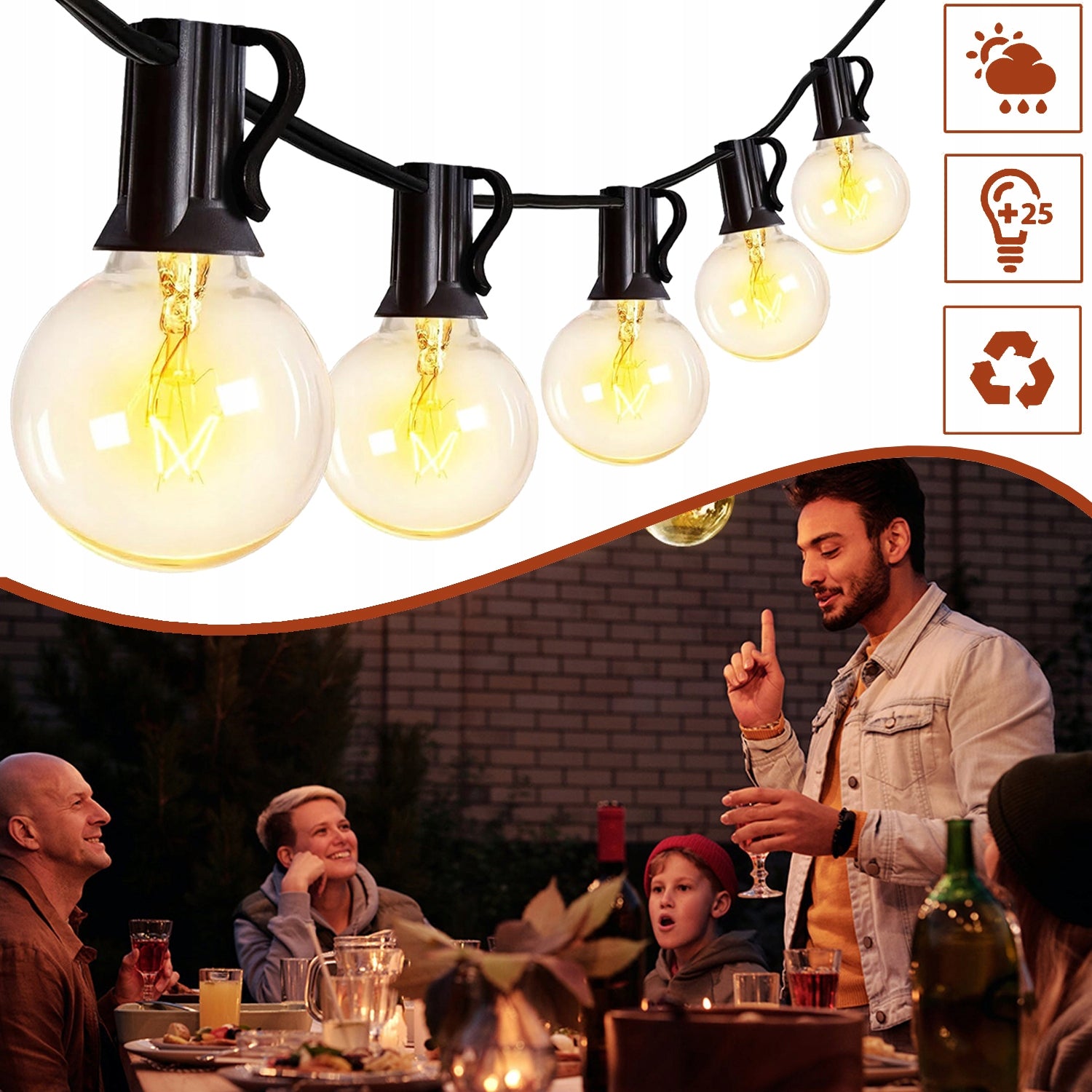 LED LIGHT CHAIN, WITH 25+3 UNBREAKABLE G40, IP44 WATERPROOF BULBS