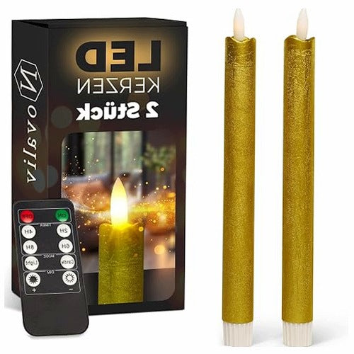 LED ROD CANDLES GOLD WITH TIMER WAX NATURAL DECORATION 2 PCS