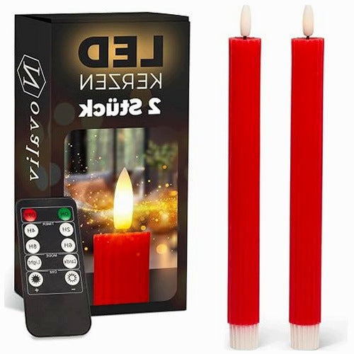 LED ROD CANDLES RED WITH TIMER WAX NATURAL DECORATION 2 PCS.