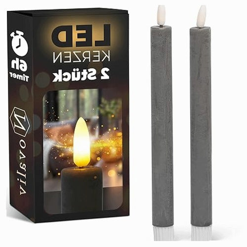 LED ROD CANDLES WITH TIMER GREY WAX LIVING ROOM DECORATION 2 PIECES