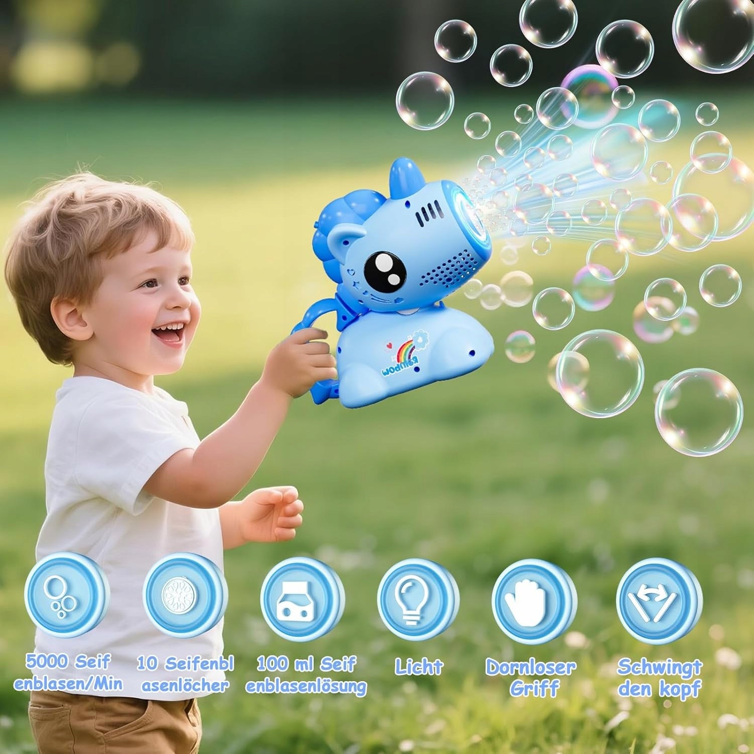 LED Soap Bubble Gun Machine for Kids + 100ml Liquid Blue Product height 17 cm