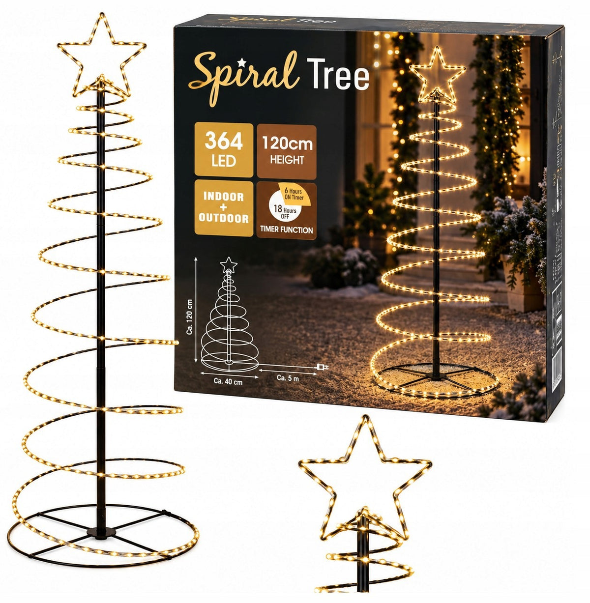 LED Spiral Christmas Tree 120cm 364 LED Star Timer Warm White Waterproof
