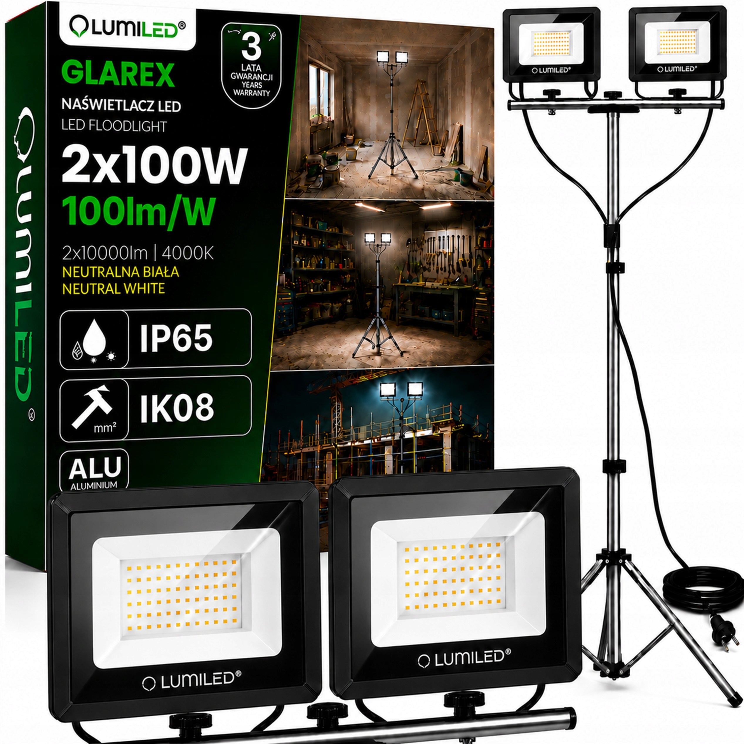LED Tripod Floodlight 2x 100W Halogen Construction Working For Garage