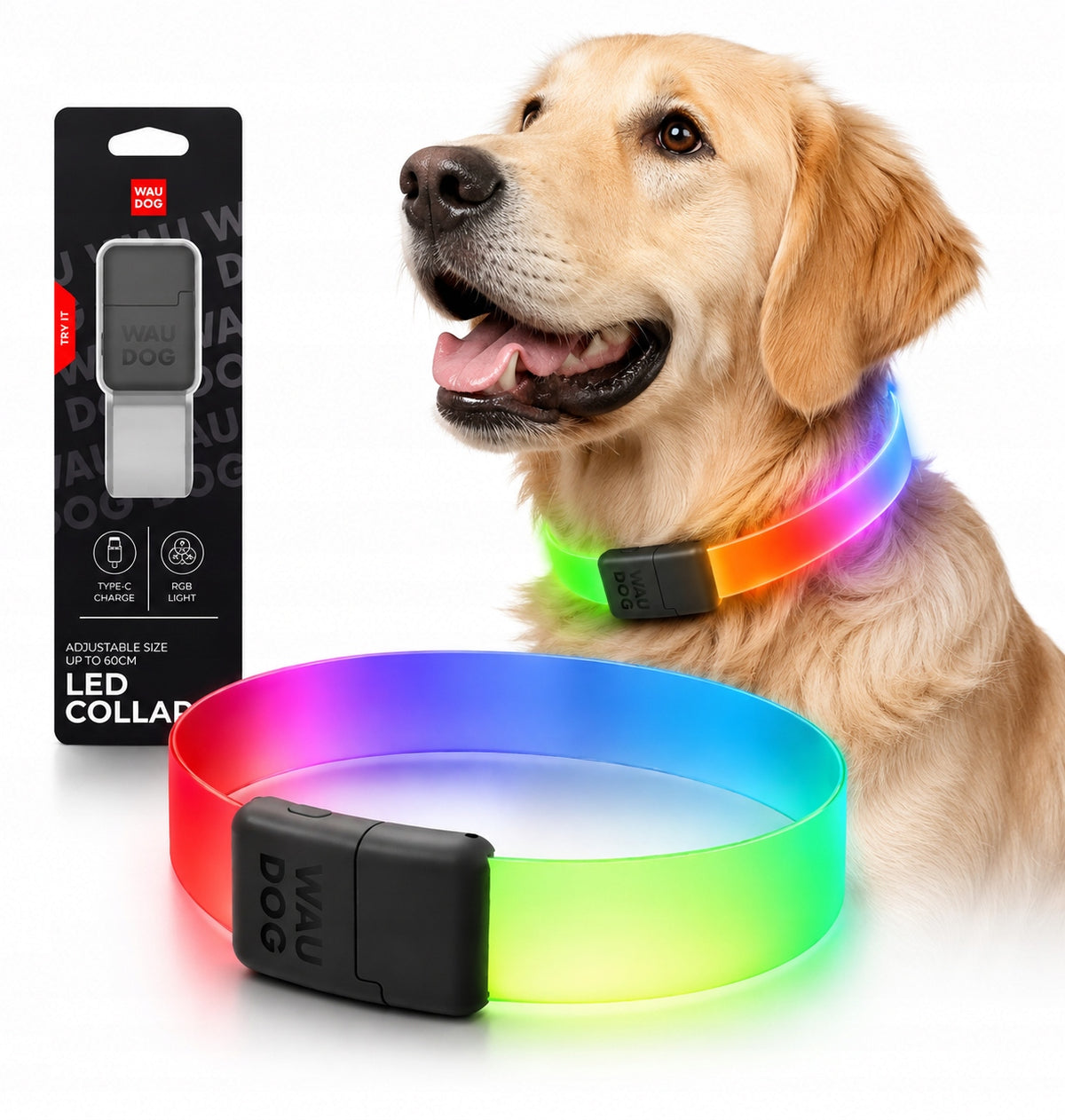 LED dog collar adjustable 60 cm glowing waterproof 25 mm WAUDOG USB Packaging status original