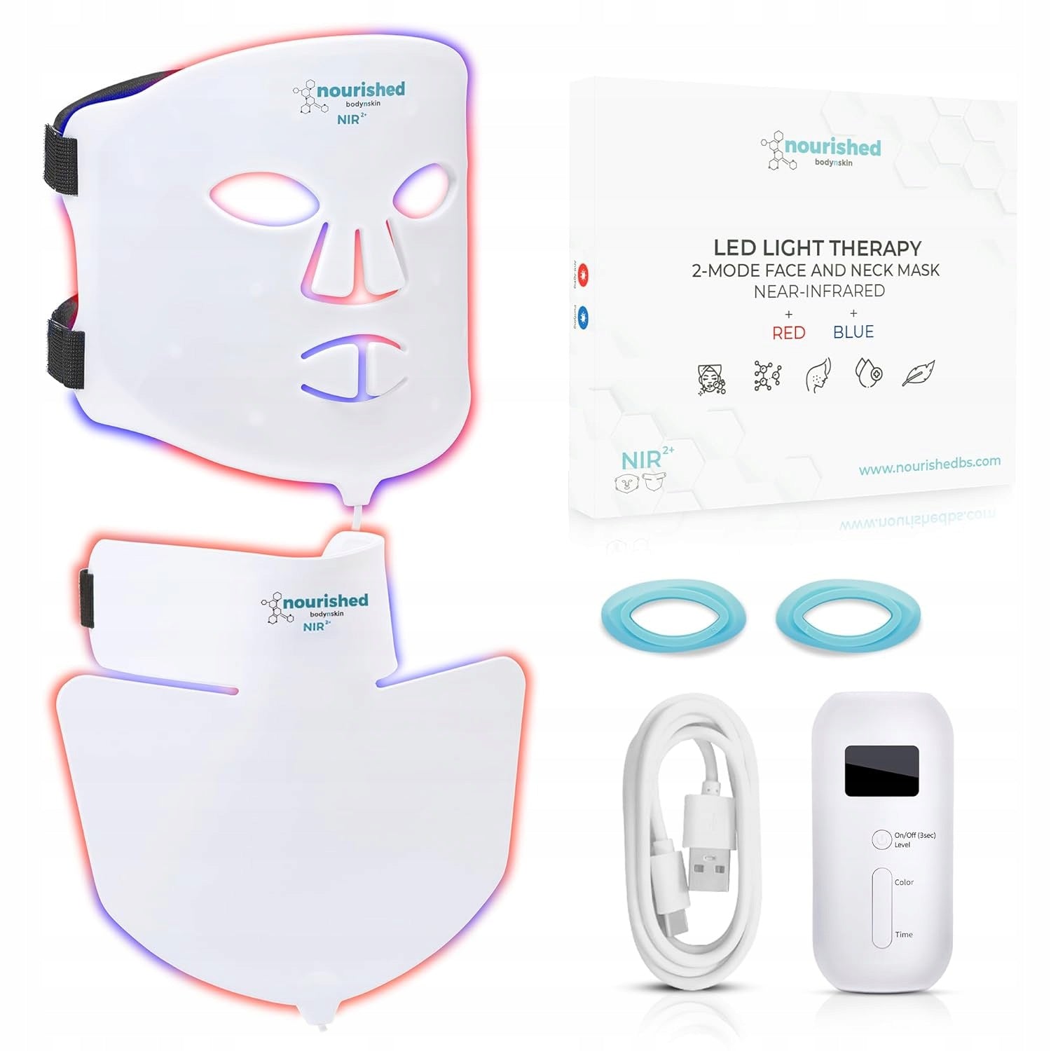 LED face and neck mask light therapy red blue anti-aging