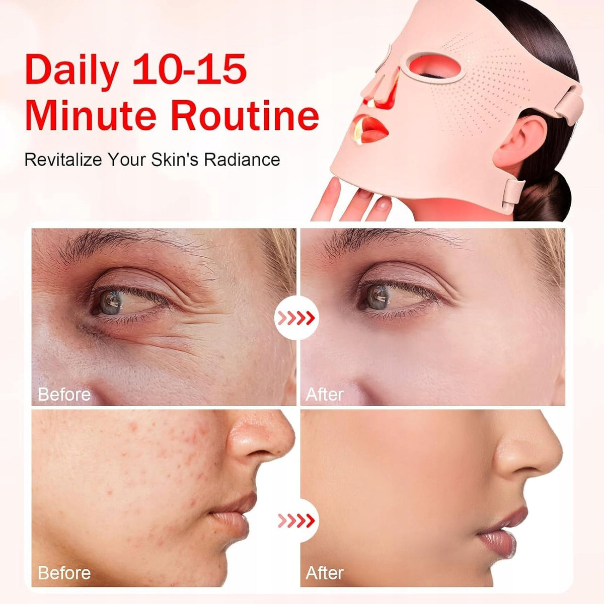 LED face mask, light therapy 3 colors comfortable silicone material Batteries included no