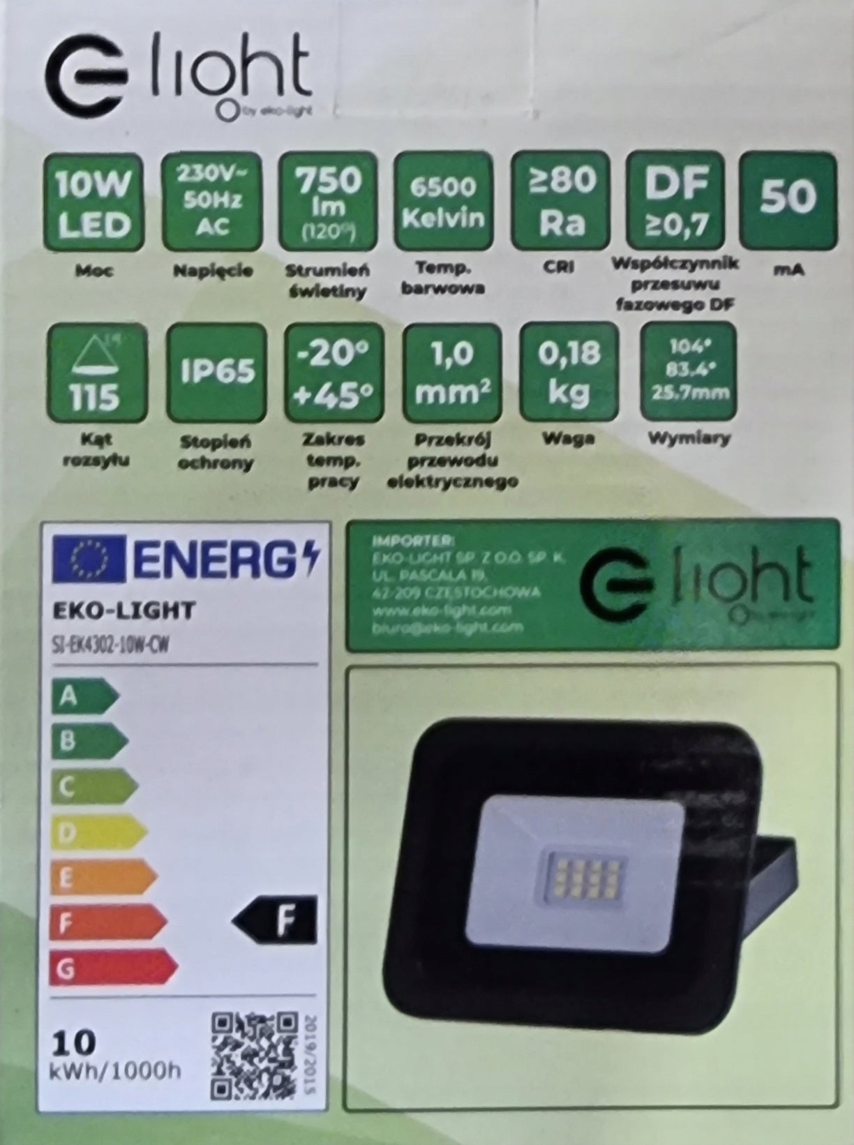LED floodlight 10W 6500K 860LM BLACK Brand Eko-Light