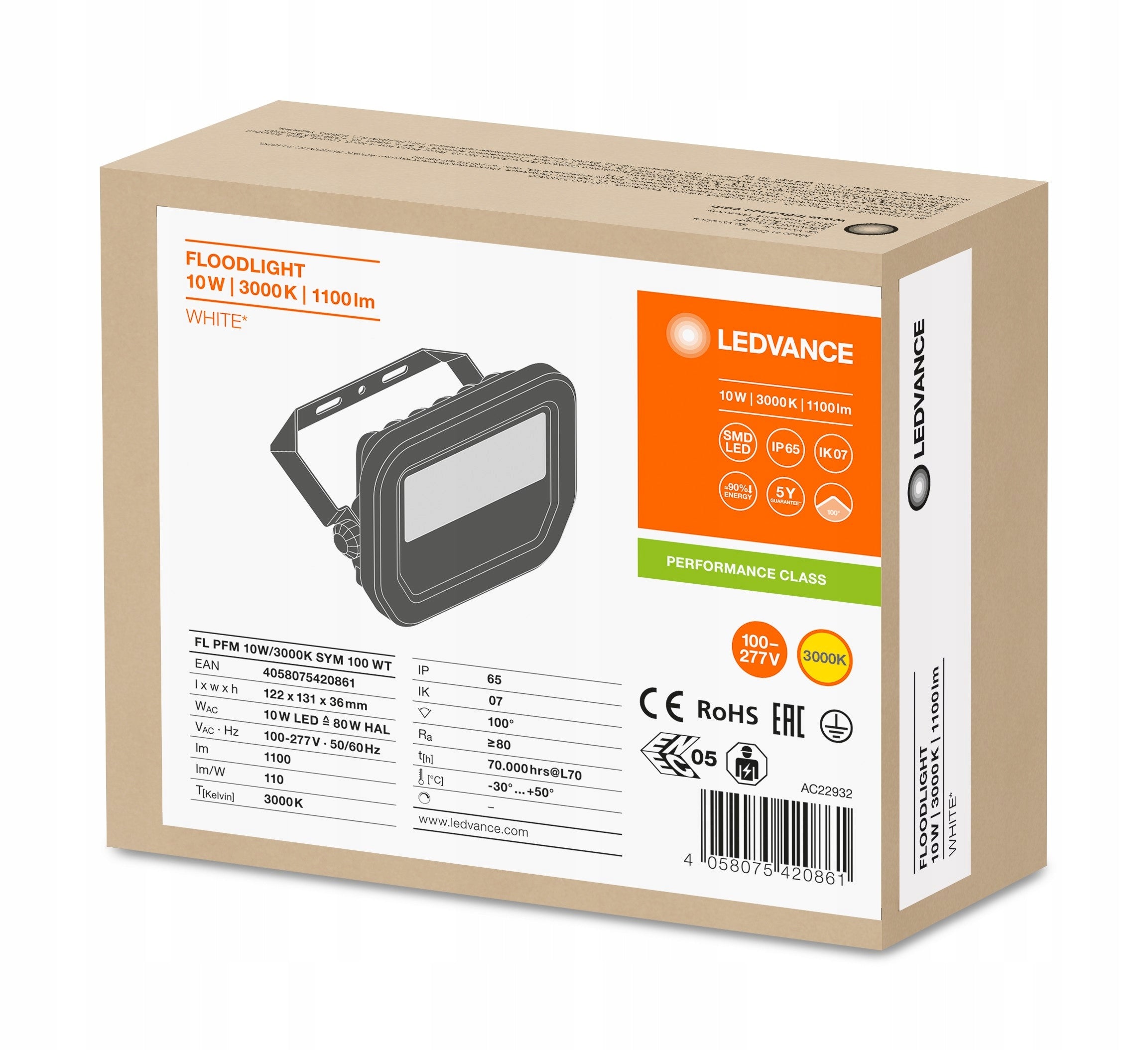 LED floodlight Fl Pfm LEDVANCE AC22932 IP65 10W 3000K 1100LM Sym. 100° Brand Ledvance