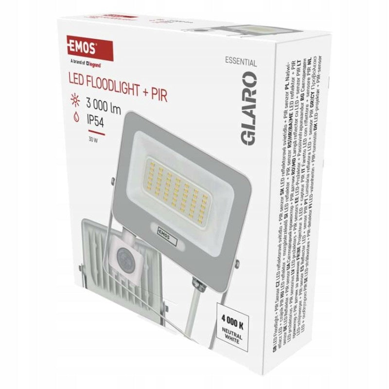 LED floodlight GLARO PIR 30 W, white, IP54, 3000 lm, neutral white EMOS Packaging status original