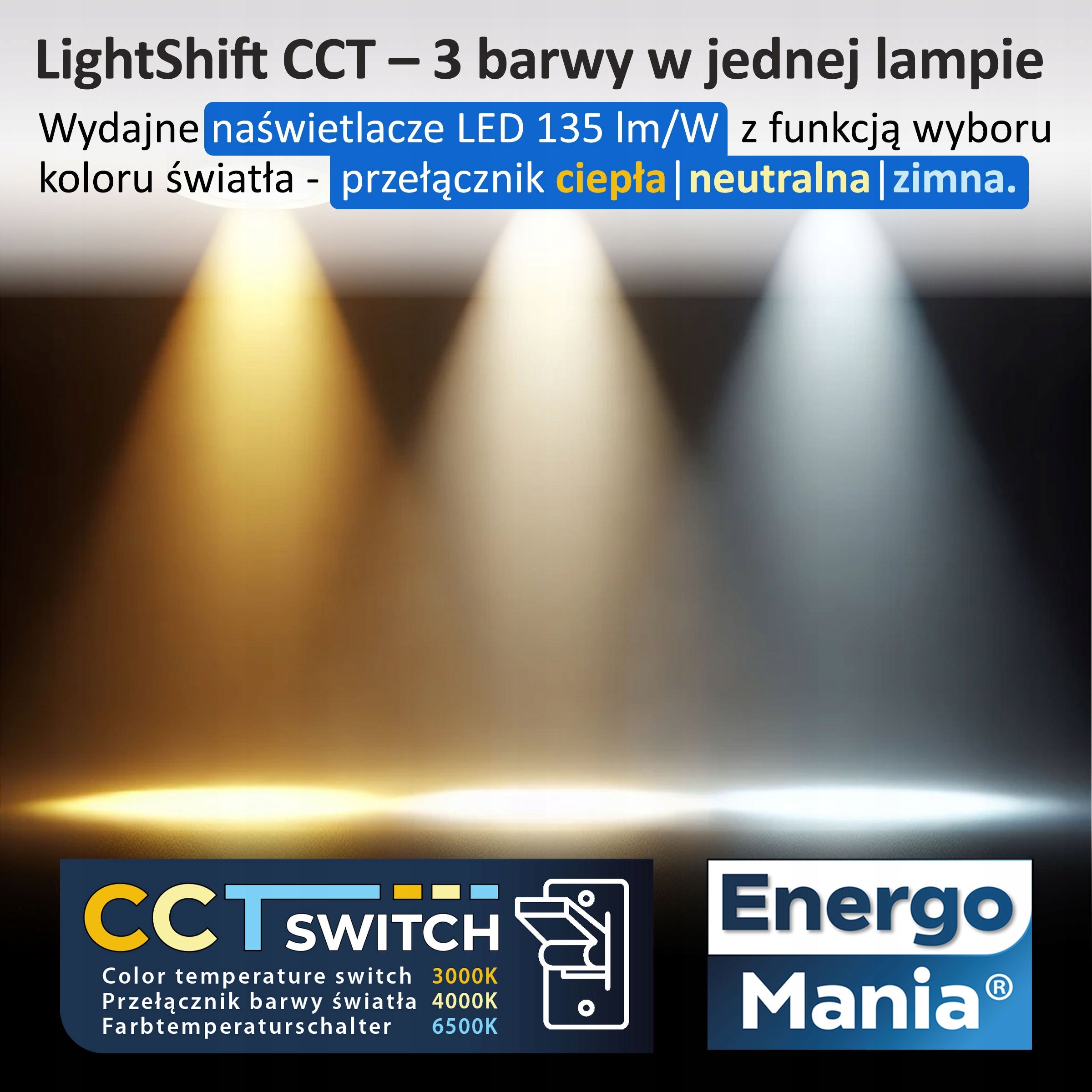 LED floodlight LightShift CCT 10W 1350 lm 3in1 warm neutral cold Color black