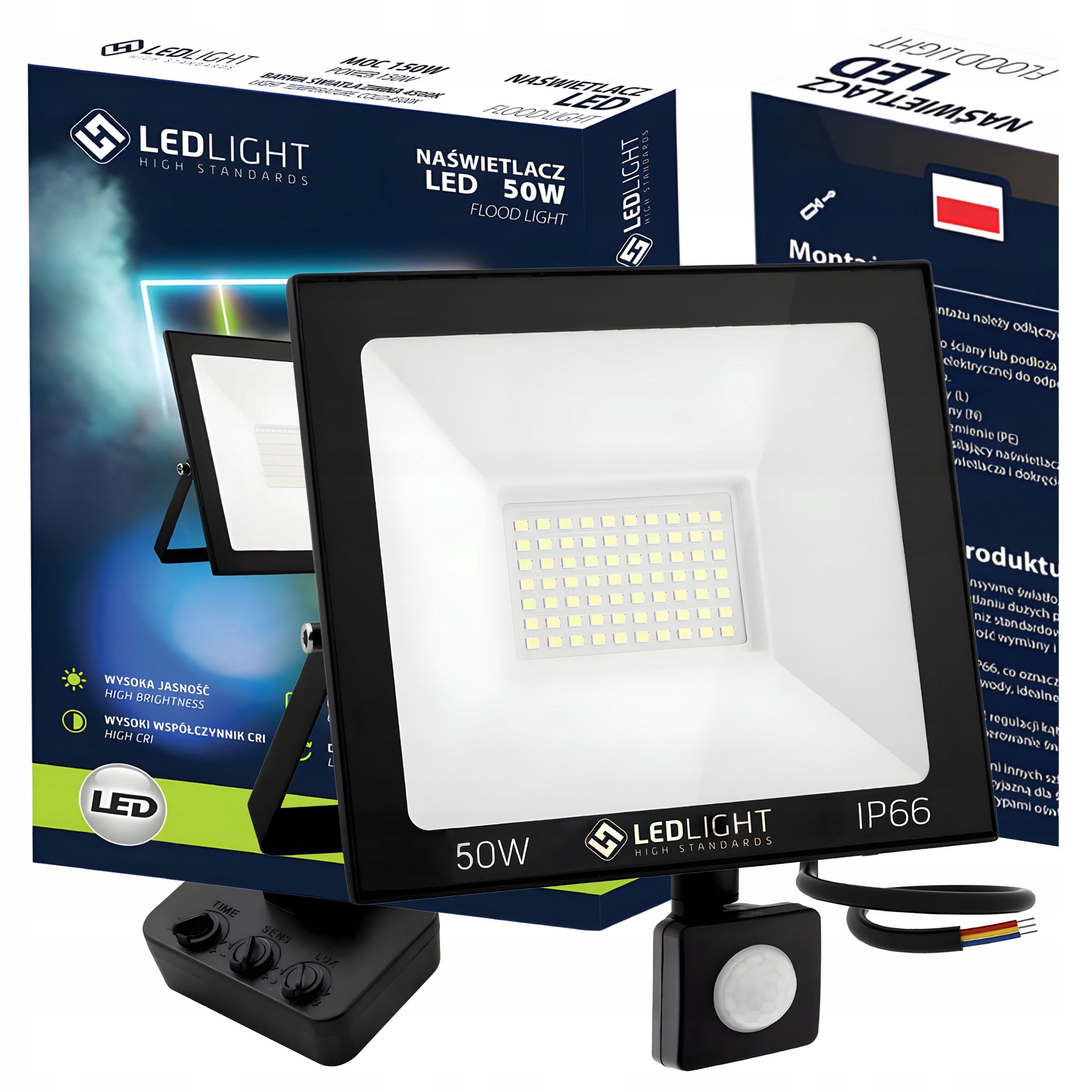 LED floodlight black 50 W with motion sensor IP66 6500 K
