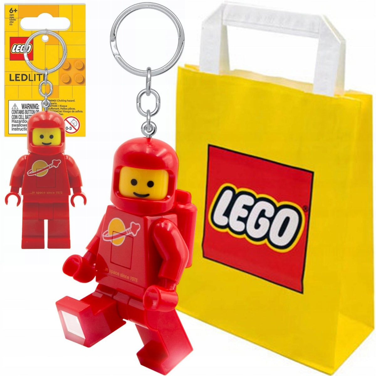 LEGO KEYCHAIN FLASHLIGHT LED SPACE CLASSIC ASTRONAUT RED +GIFT BAG