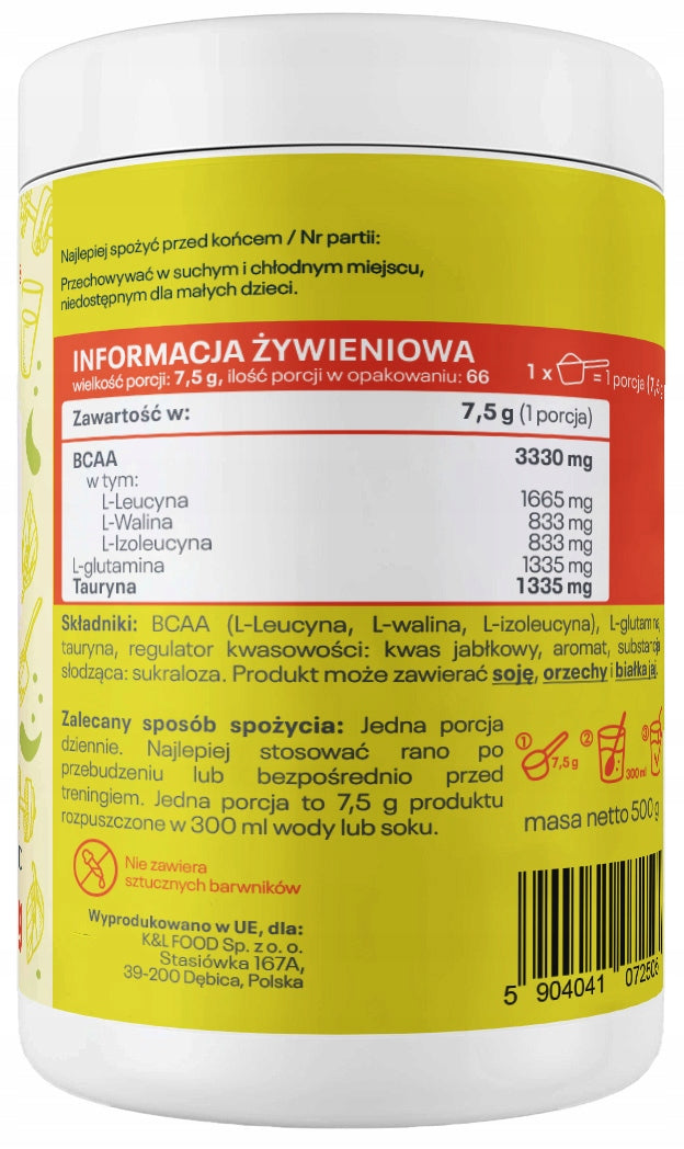 LEMON BCAA 500g BCAA Pro + Taurine L-Glutamine Supplement quality Kol-Pol Manufacturer code BCAA Pro+ Cytrynowe 500g Kol-Pol