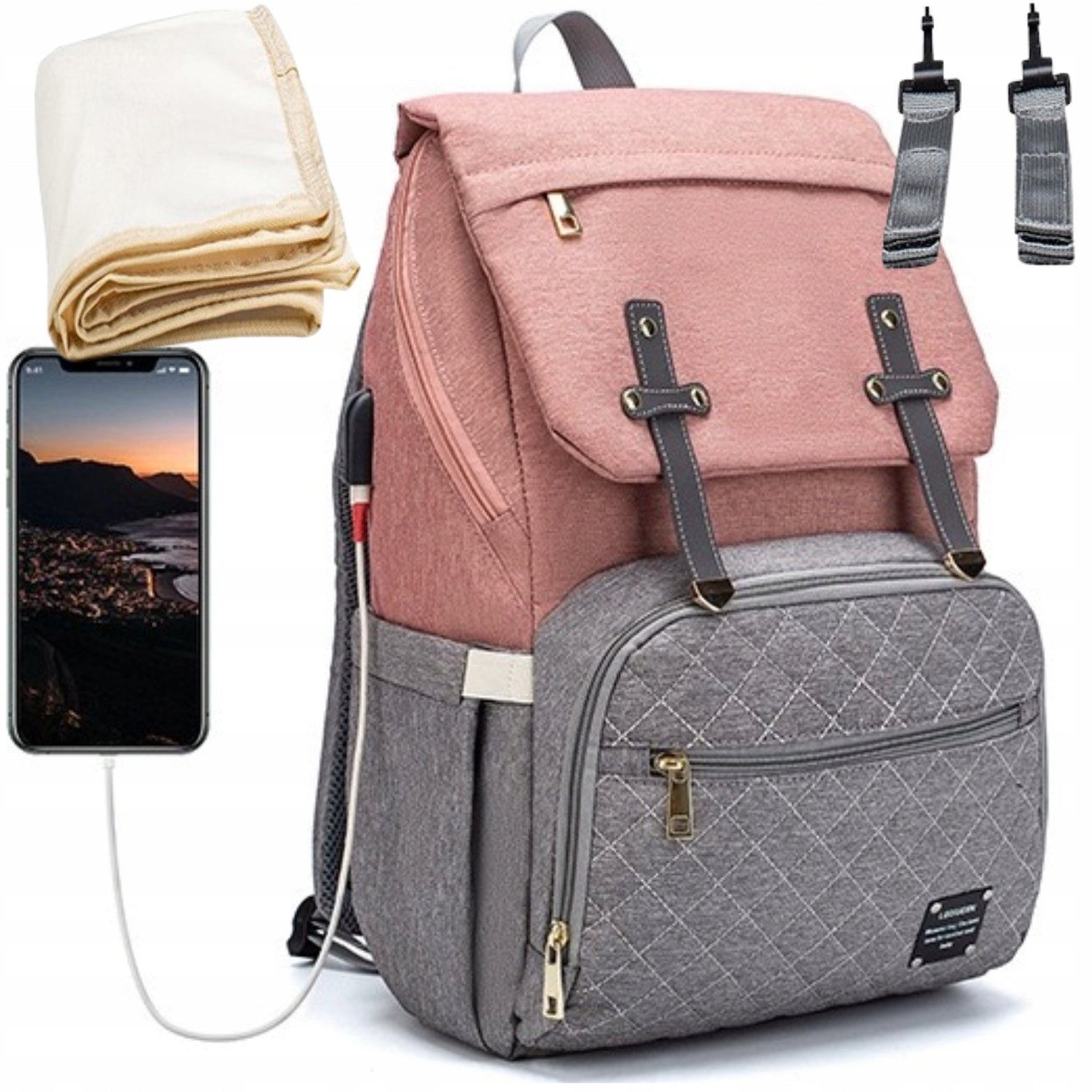 LEQUEEN BACKPACK TRAVEL BAG HANDHELD STROLLER ORGANIZER FOR MOM USB 5in1 Manufacturer code DO WÓZKA PLECAK DLA MAMY KOLORY