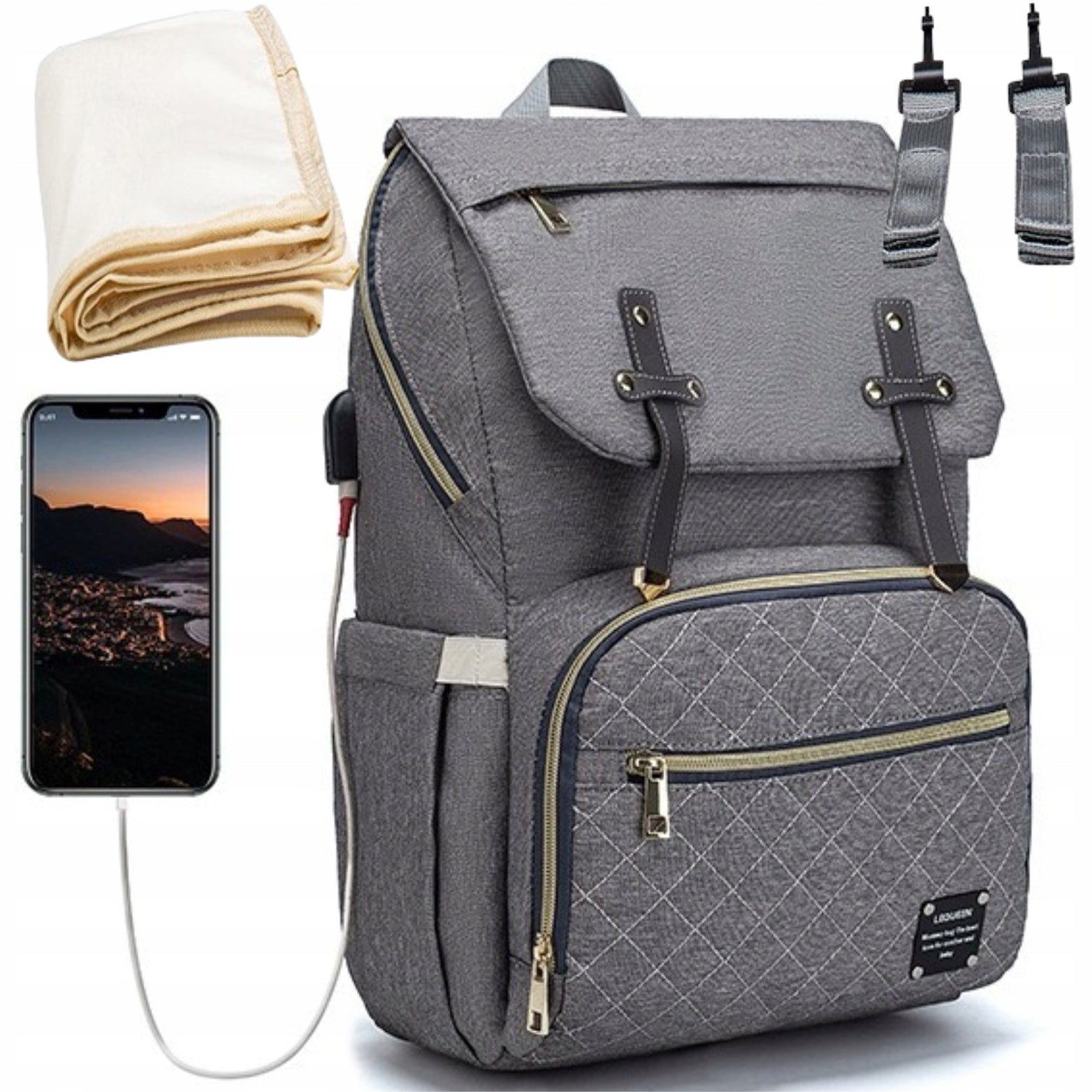 LEQUEEN BACKPACK TRAVEL BAG HANDHELD STROLLER ORGANIZER FOR MOM USB 5in1