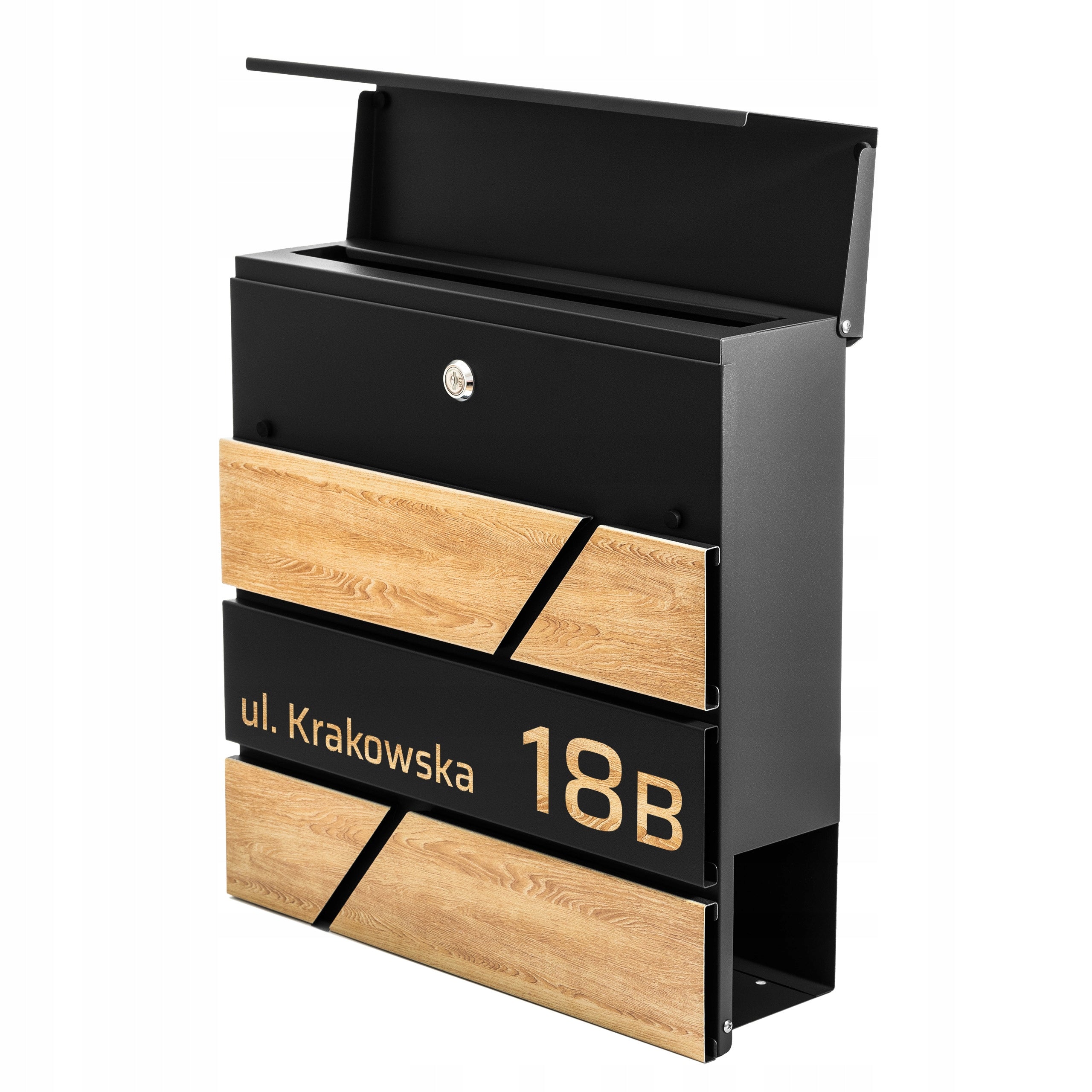 LETTERBOX WITH ADDRESS HOUSE NUMBER UV PRINT IN WOOD COLOR Black Product width 37 cm
