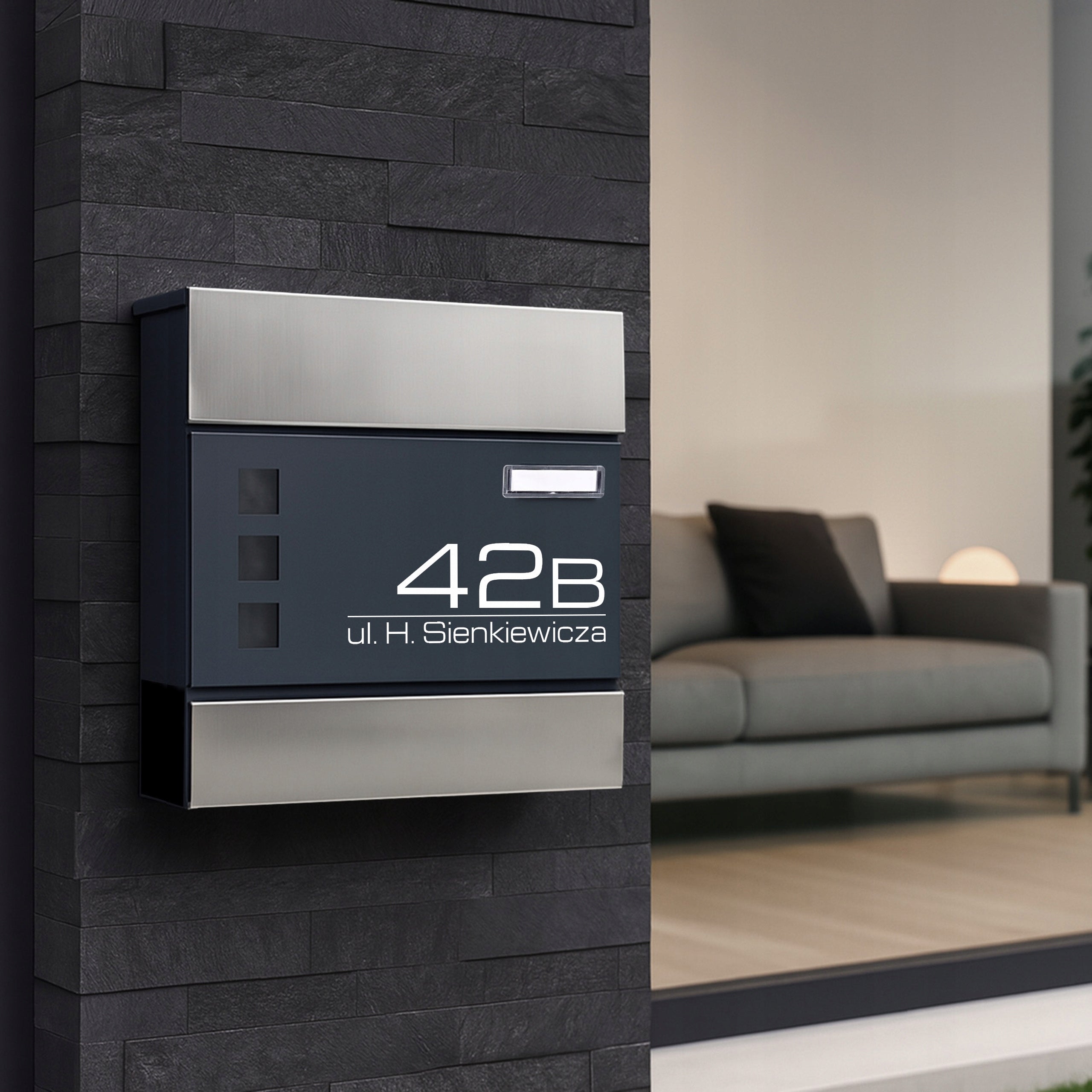 LETTERBOX WITH ADDRESS Inscription House Number UV PRINTING ANTHRACITE + STEEL Packaging status original