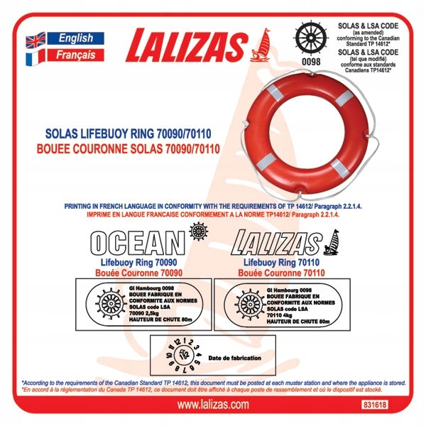 LIFEBUOY OCEAN LALIZAS SOLAS/MED 73cm WITH REFLECTIVE TAPE MARINE CERTIFICATE Brand Nuova rade
