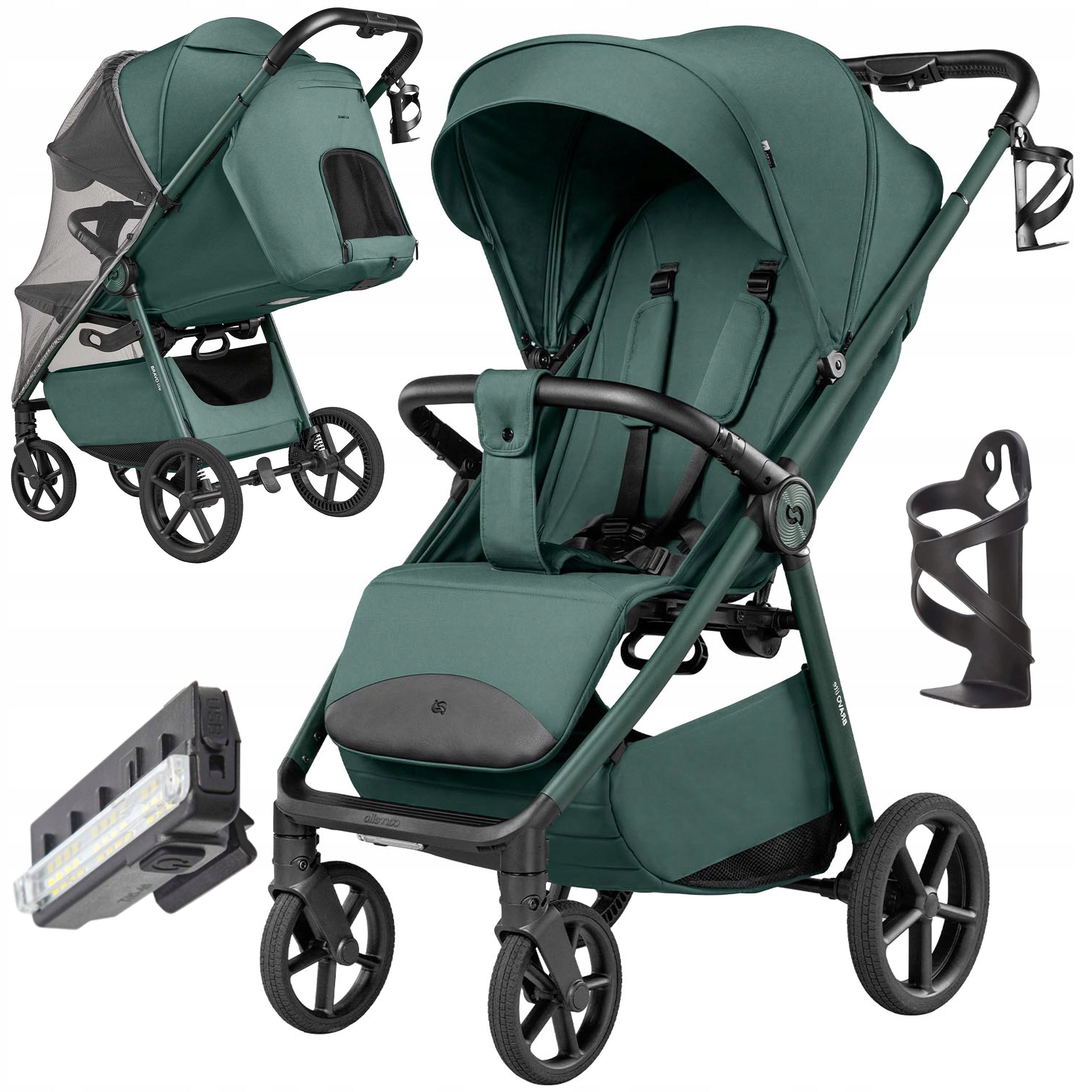 LIGHTWEIGHT BABY STROLLER BRAVO Lite DELUXE LARGE WHEELS + LED ACCESSORIES