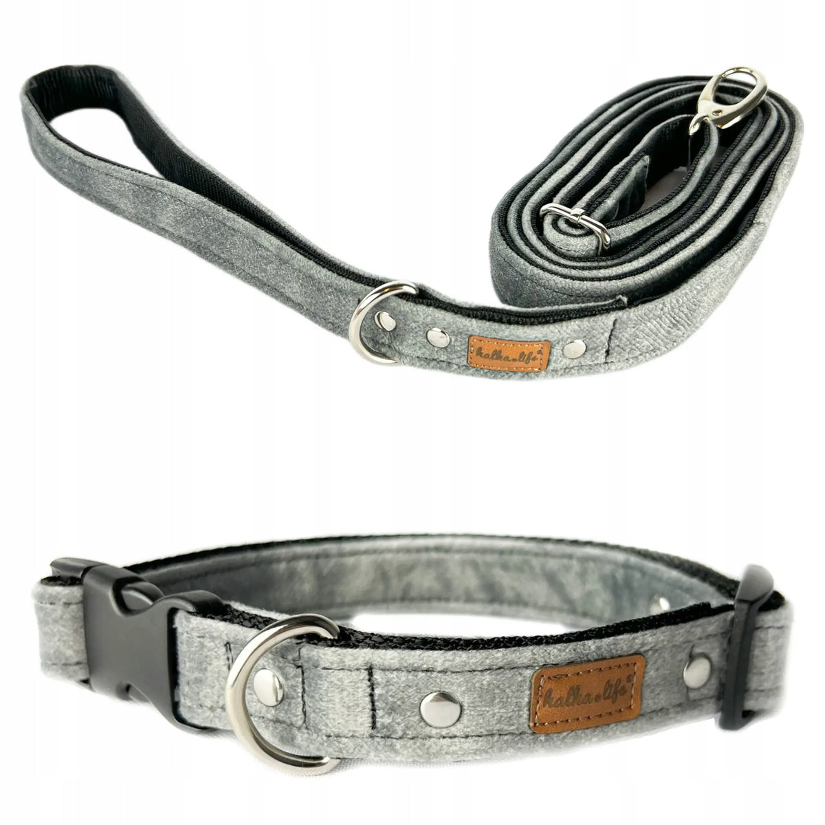 LIGHTWEIGHT COLLAR AND LEASH FOR BIG DOG, LEASH AND COLLAR SET - GREY, L