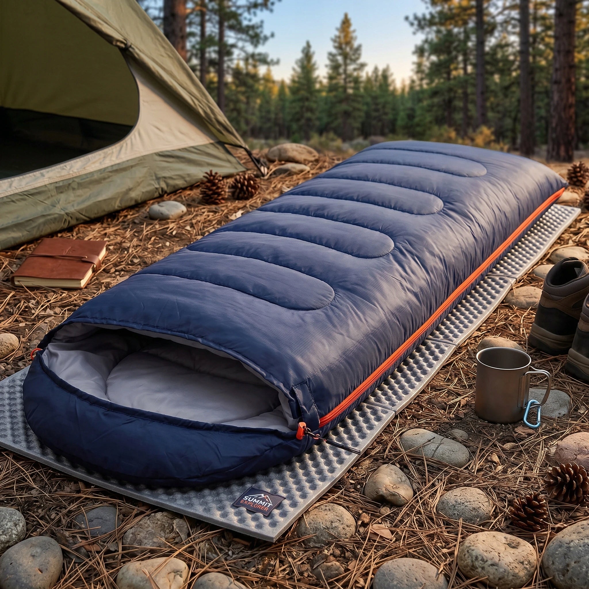 LIGHTWEIGHT HIKING SLEEPING BAG MUMMY HOODED QUILT 2in1 210x75 NAVY BLUE Packaging status original