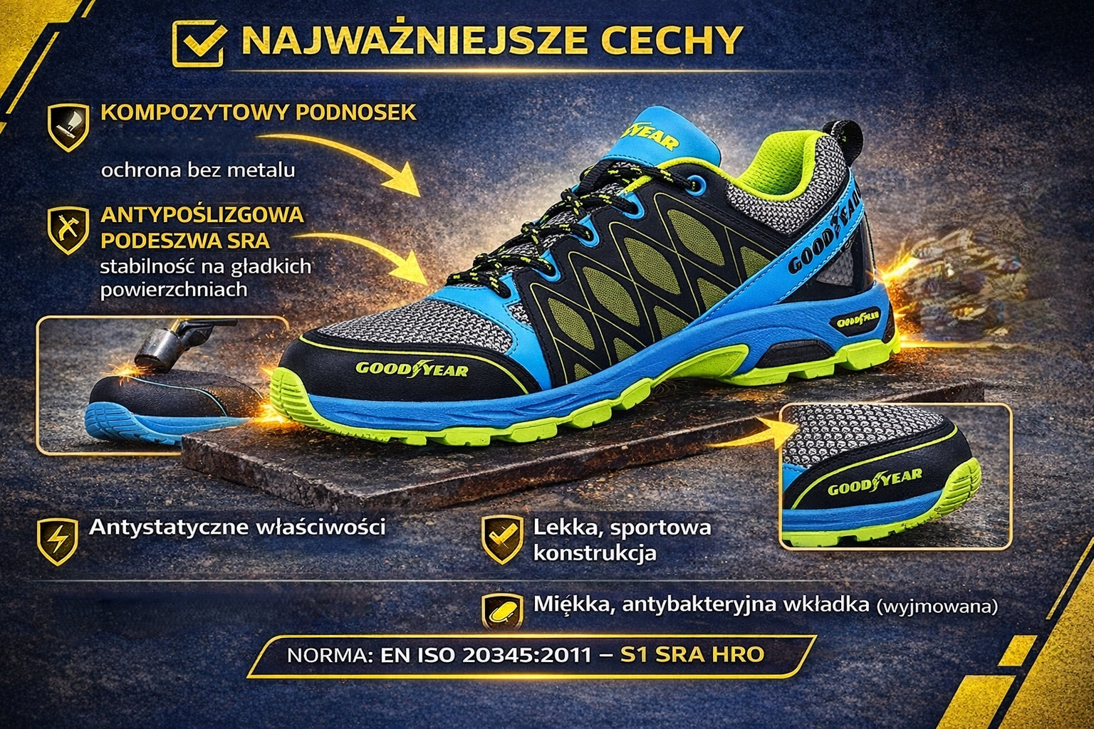 LIGHTWEIGHT SHOES HEALTH AND SAFETY WORK SHOES GOODYEAR U1503 S1 SRA HRO r.43 Manufacturer code GYSHU1503