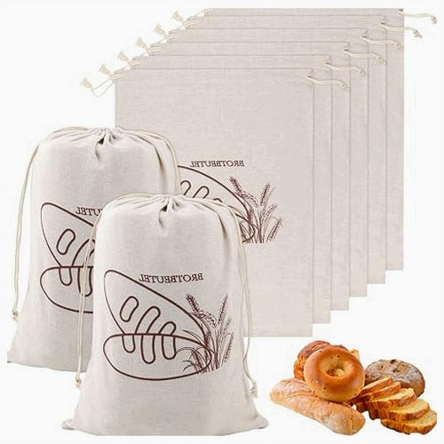 LINEN BREAD BAGS BEIGE REUSABLE SET OF 8 PIECES FOR HOME