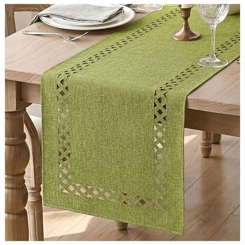 LINEN TABLE RUNNER GREEN GEOMETRIC RUSTIC 40X180 CM DECORATION