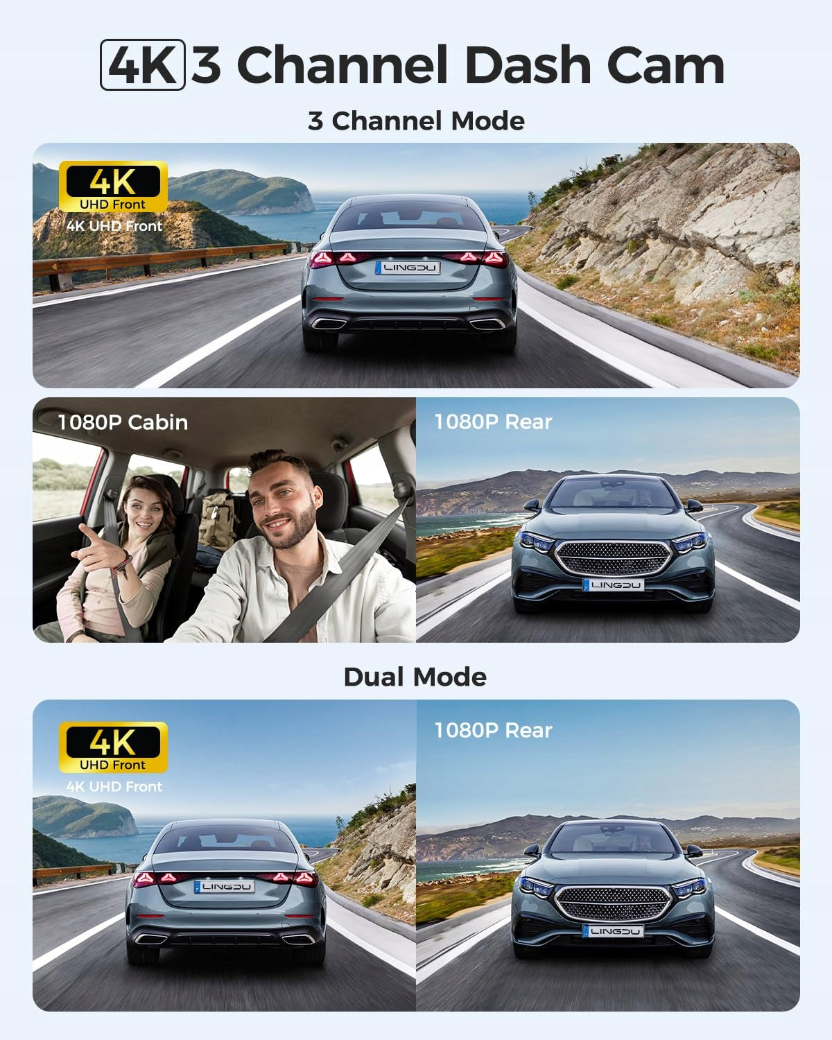 LINGDU Car Camera 4K 3 Channels Front Rear Interior WiFi GPS Manufacturer code V620
