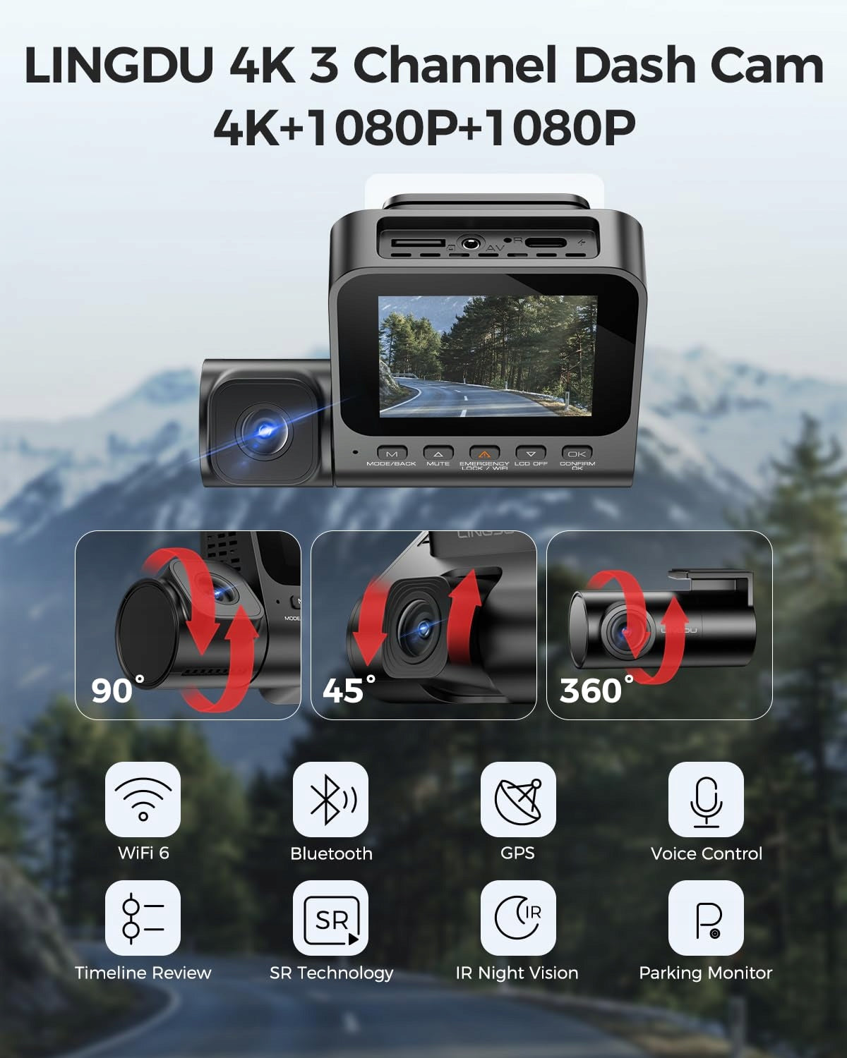 LINGDU Car Camera 4K 3 Channels Front Rear Interior WiFi GPS Packaging status original