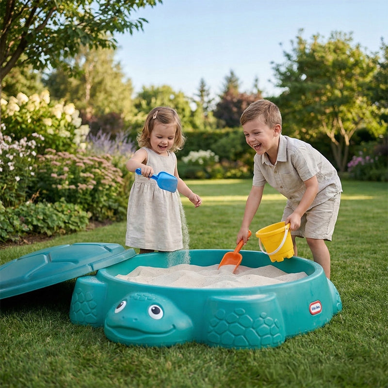 LITTLE TIKES GARDEN SANDBOX FOR PLAY WITH TURTLE COVER 2 SEATS Product width 98 cm