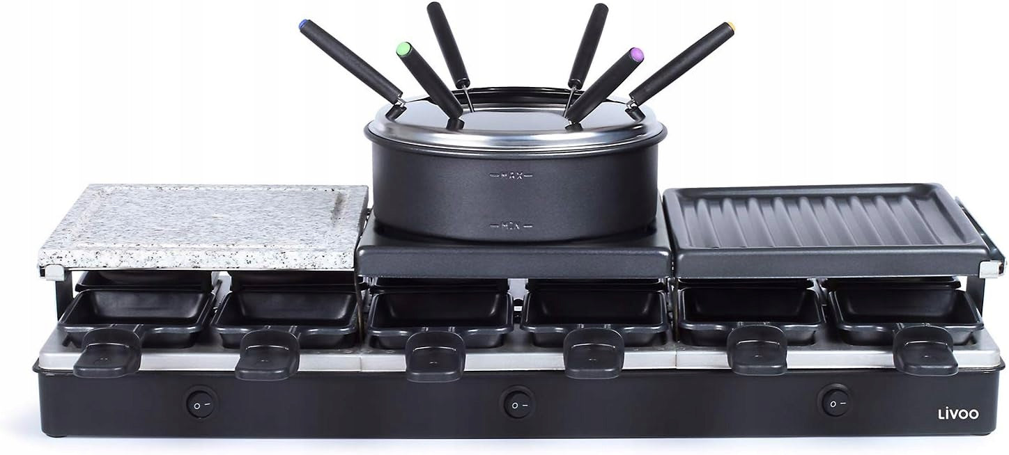 LIVOO Raclette Fondue Grill Stone Pancakes for 12 People 1650W Black