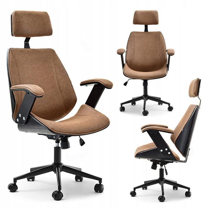 LOFT STYLE WOODEN ARMCHAIR FRANK BLACK WOOD SEAT BROWN LEATHER
