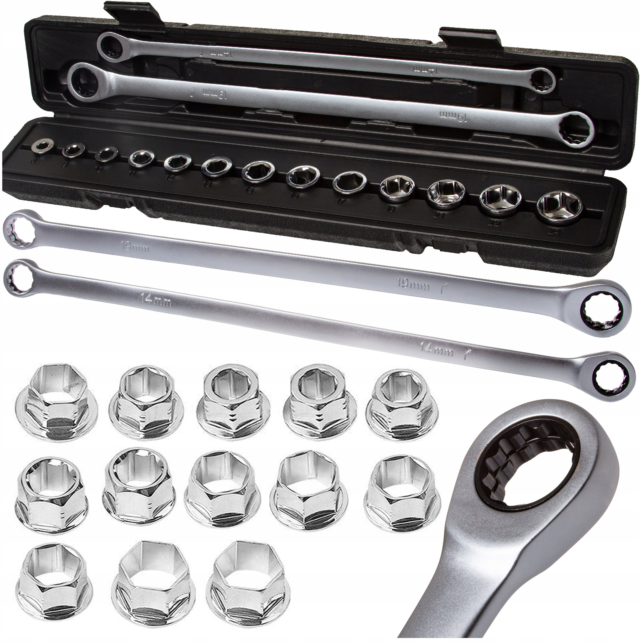 LONG THROUGH EYE WRENCHES WITH RATCHET SOCKET SET 8-24MM