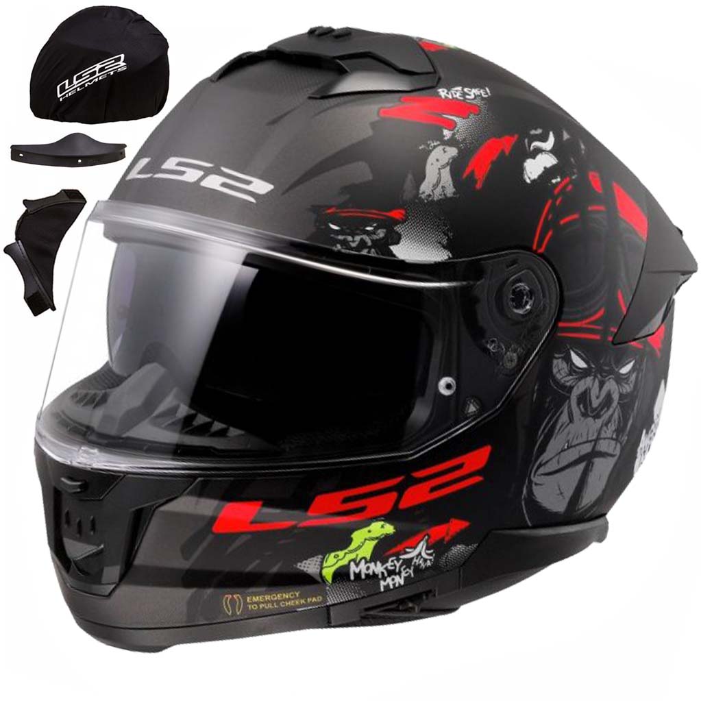 LS2 INTEGRAL HELMET FF808 STREAM II ANGRY MONKEY BLACK RED GREY L